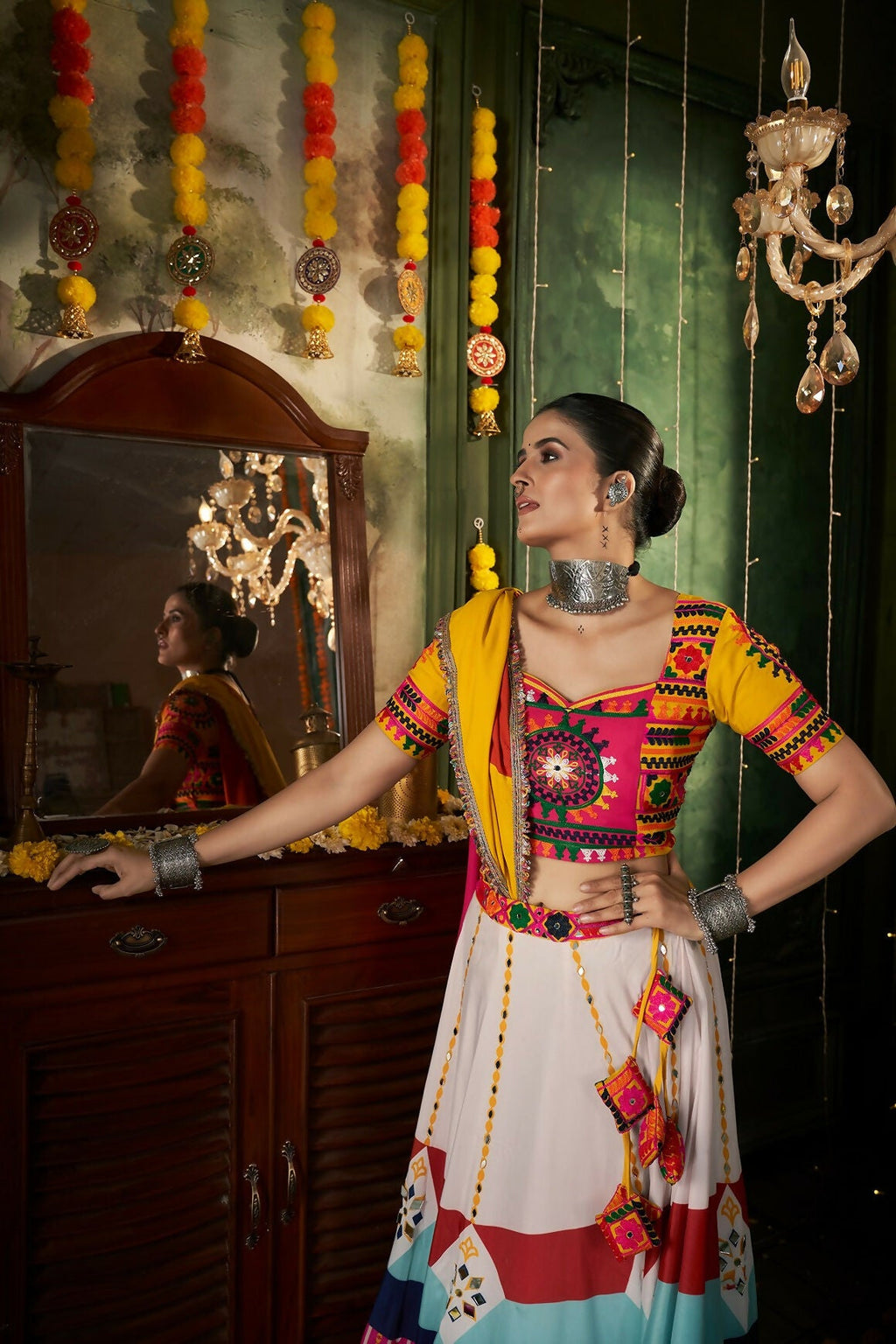 White Maslin Cotton Navratri Lehenga Choli with Yellow Blouse