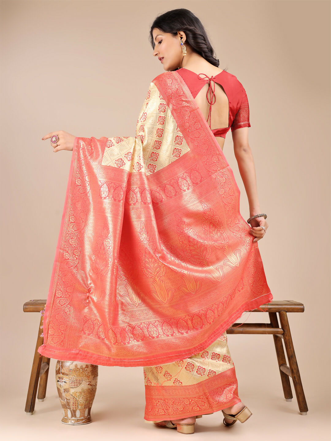 Cream and Red Banarasi Silk Saree with Blouse Piece