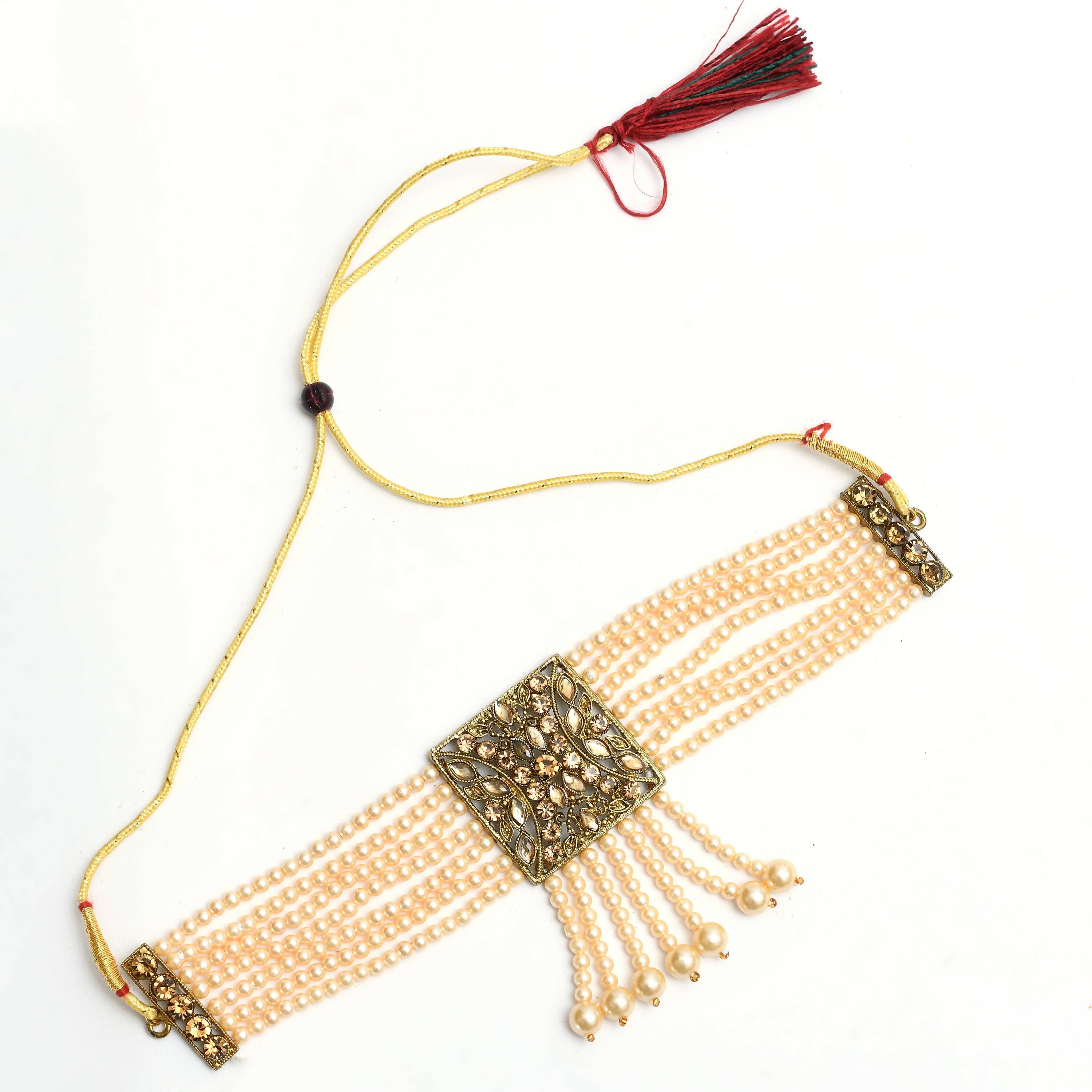 Off White Kundan & Pearls Choker Necklace Set in Golden Brass