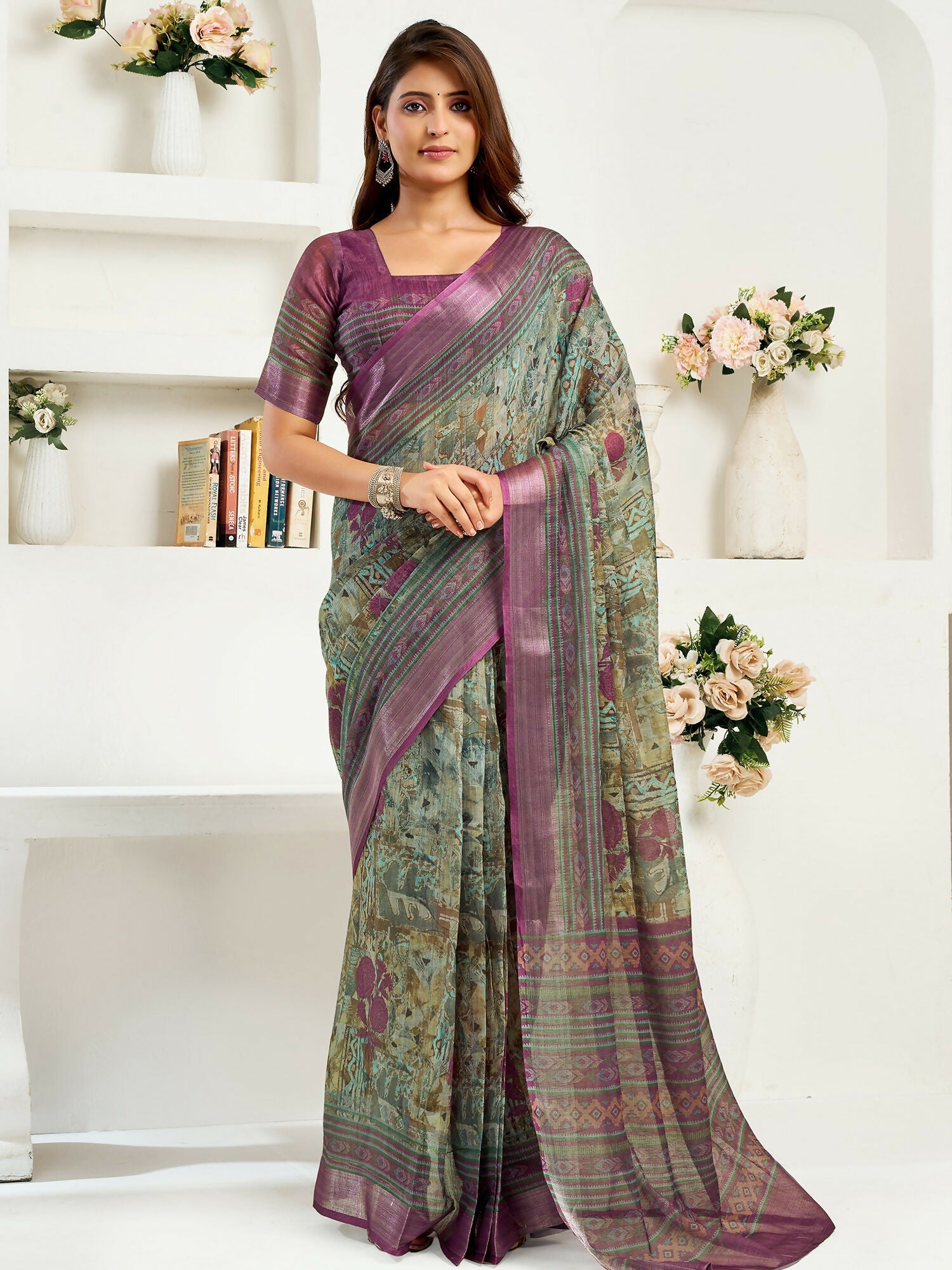 Multicoloured Ikkat and Floral Print Linen Ready To Wear Saree