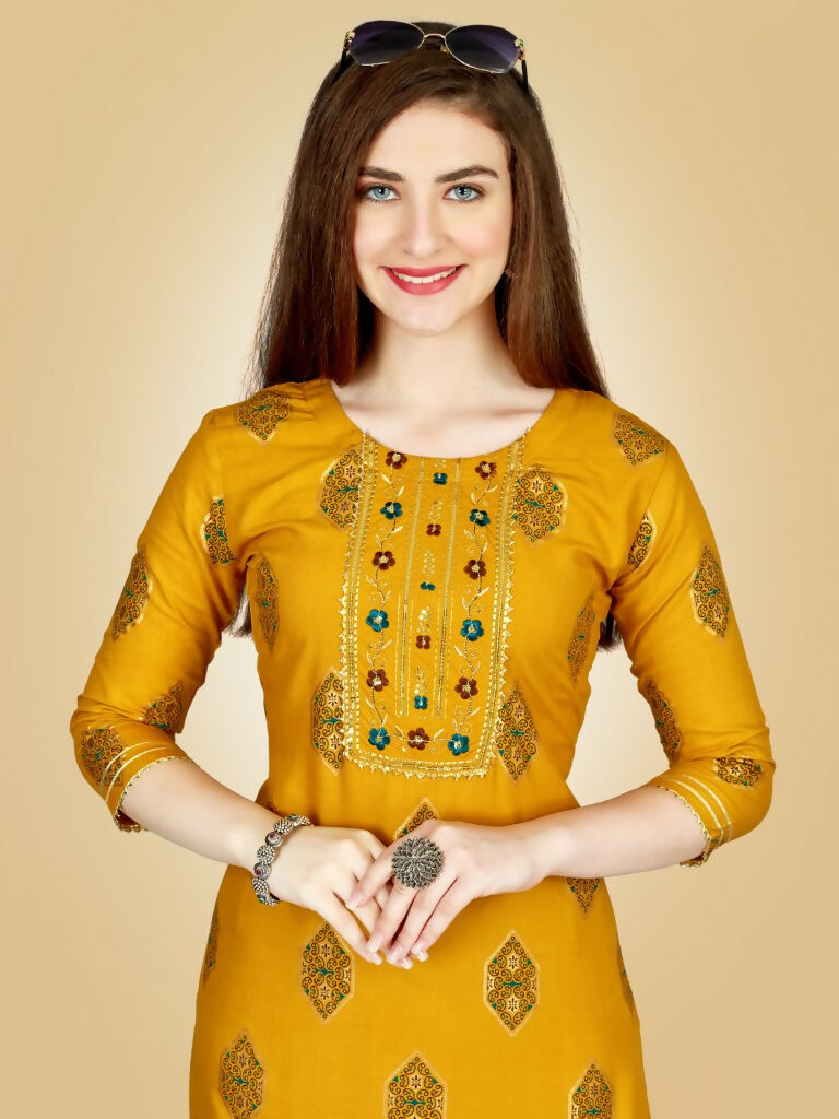 Women's Yellow Viscose Rayon Embroidered Kurta Pant Set