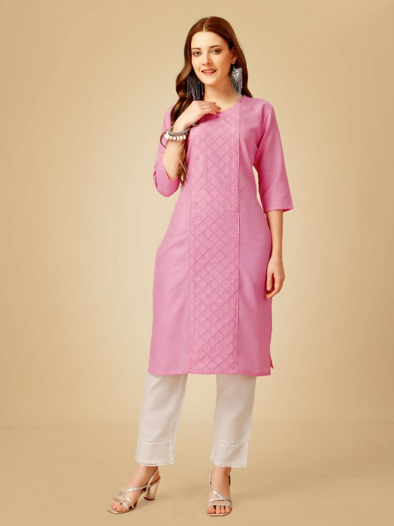 Women's Pink Embroidered Cotton Blend Kurta Pant Set with Sequins