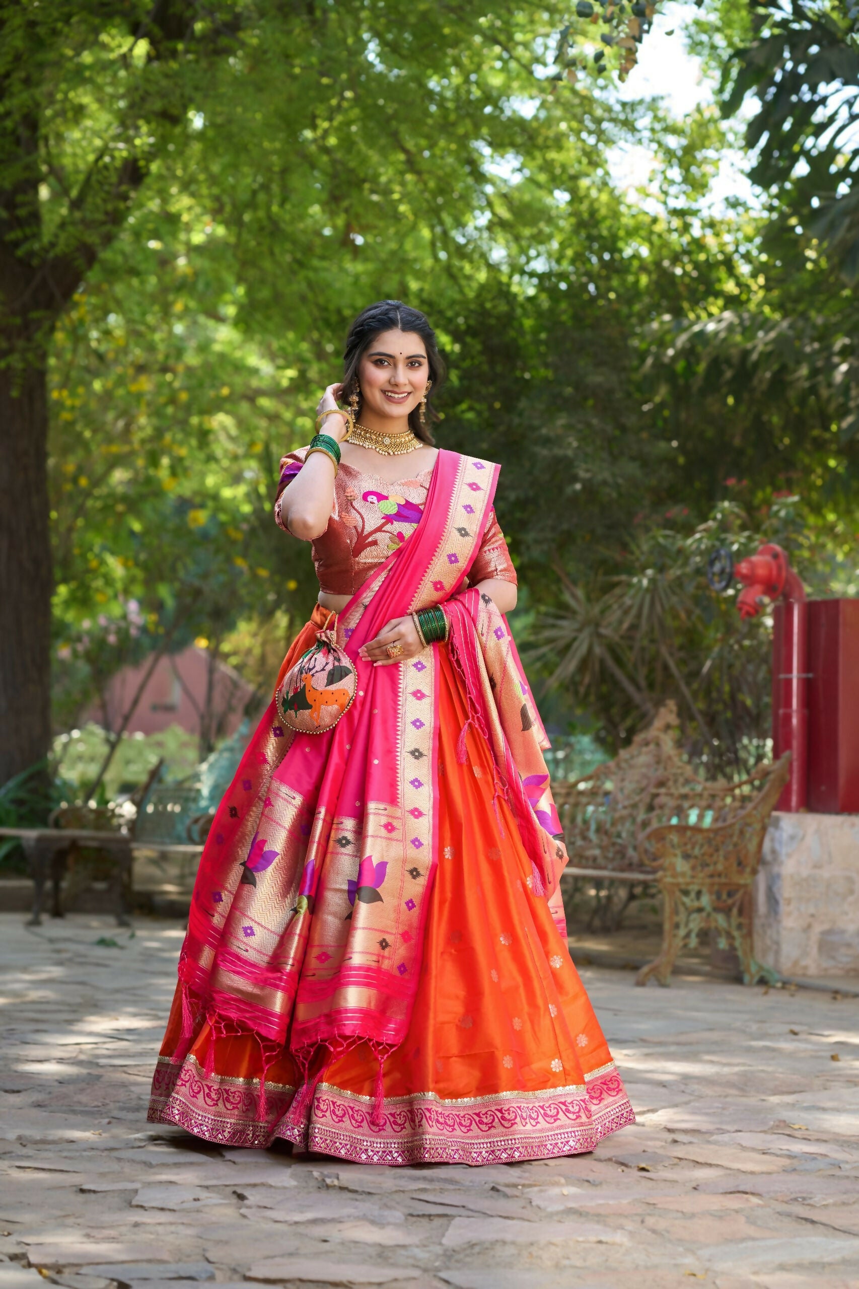 Red Paithani Lehenga Choli Set in Jacquard Silk for Festive Wear