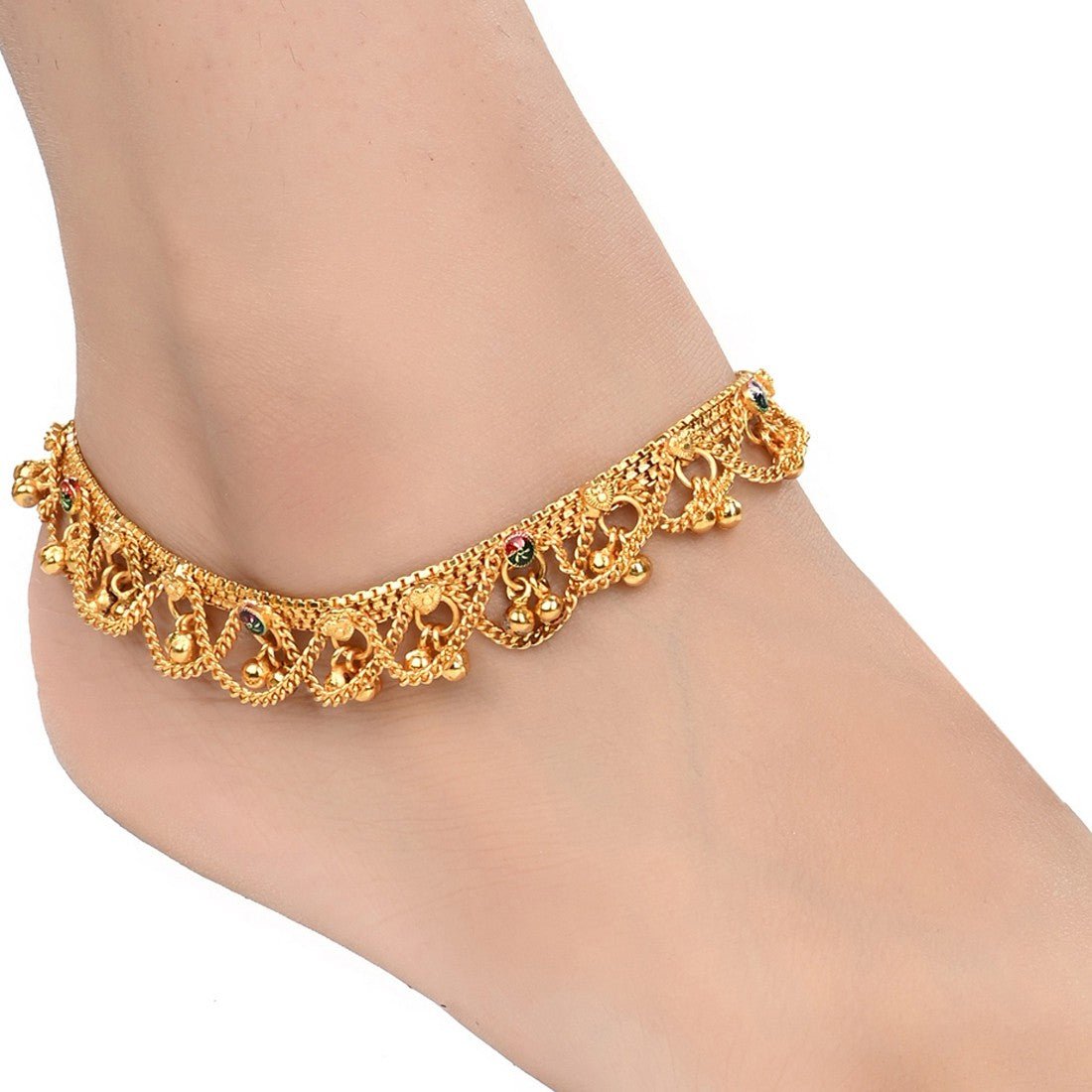 Gold-Polished White Metal Traditional Indian Anklet Payal 10-Inch