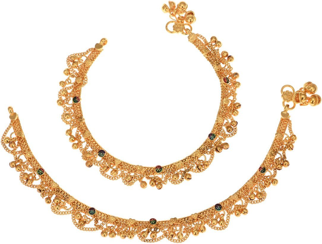 Gold-Polished White Metal Traditional Indian Anklet Payal 10-Inch
