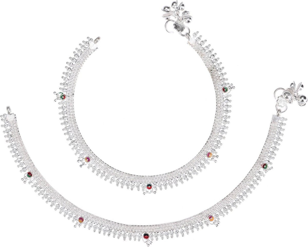 Close up of a traditional silver plated white metal payal with a stylish matte finish.