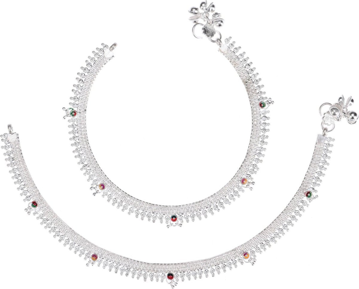 Close up of a traditional silver plated white metal payal with a stylish matte finish.