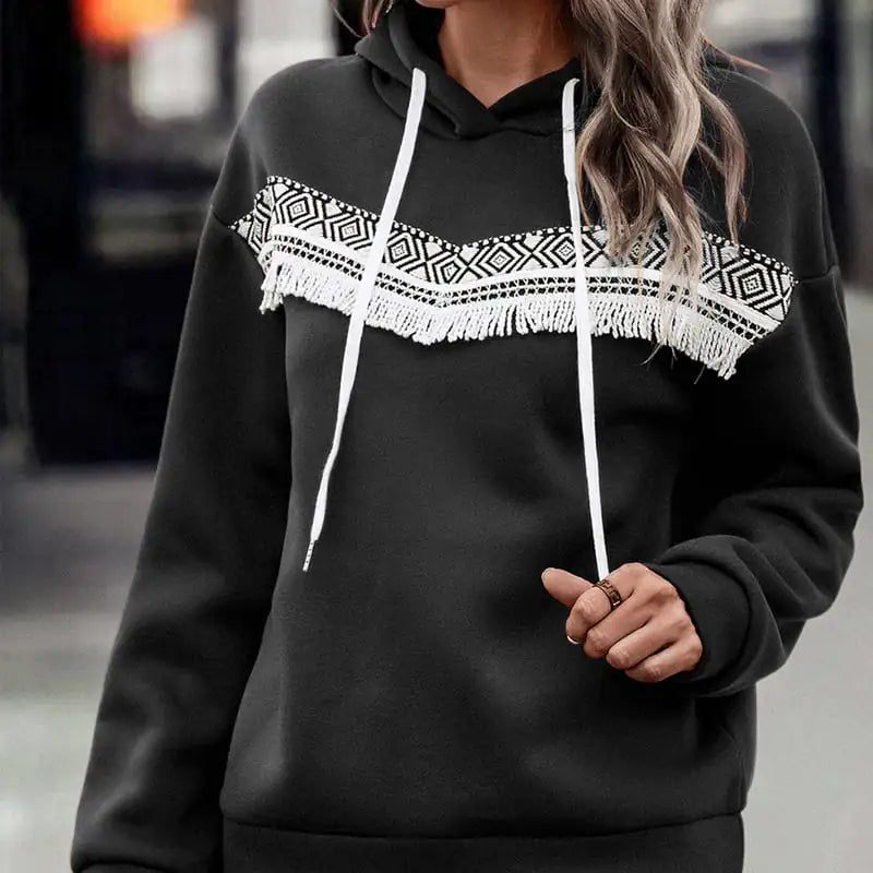 Women's Hooded Pullover Sweatshirt with Patterned Lace Trim - Image 13