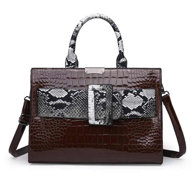Women's Snake Pattern Tote Shoulder Bag with Contrast Buckle - Image 2