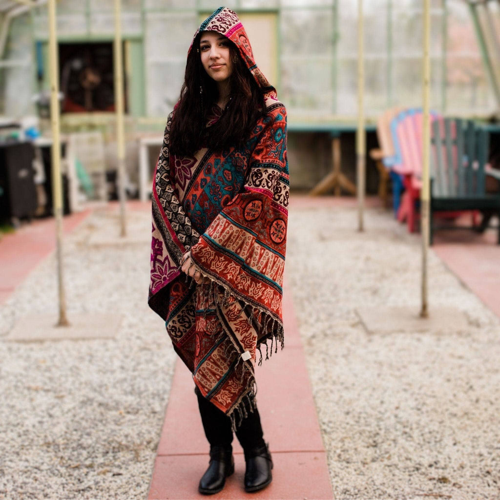 Nanda Hooded Poncho: Warm Wool Blend Boho Style Outerwear