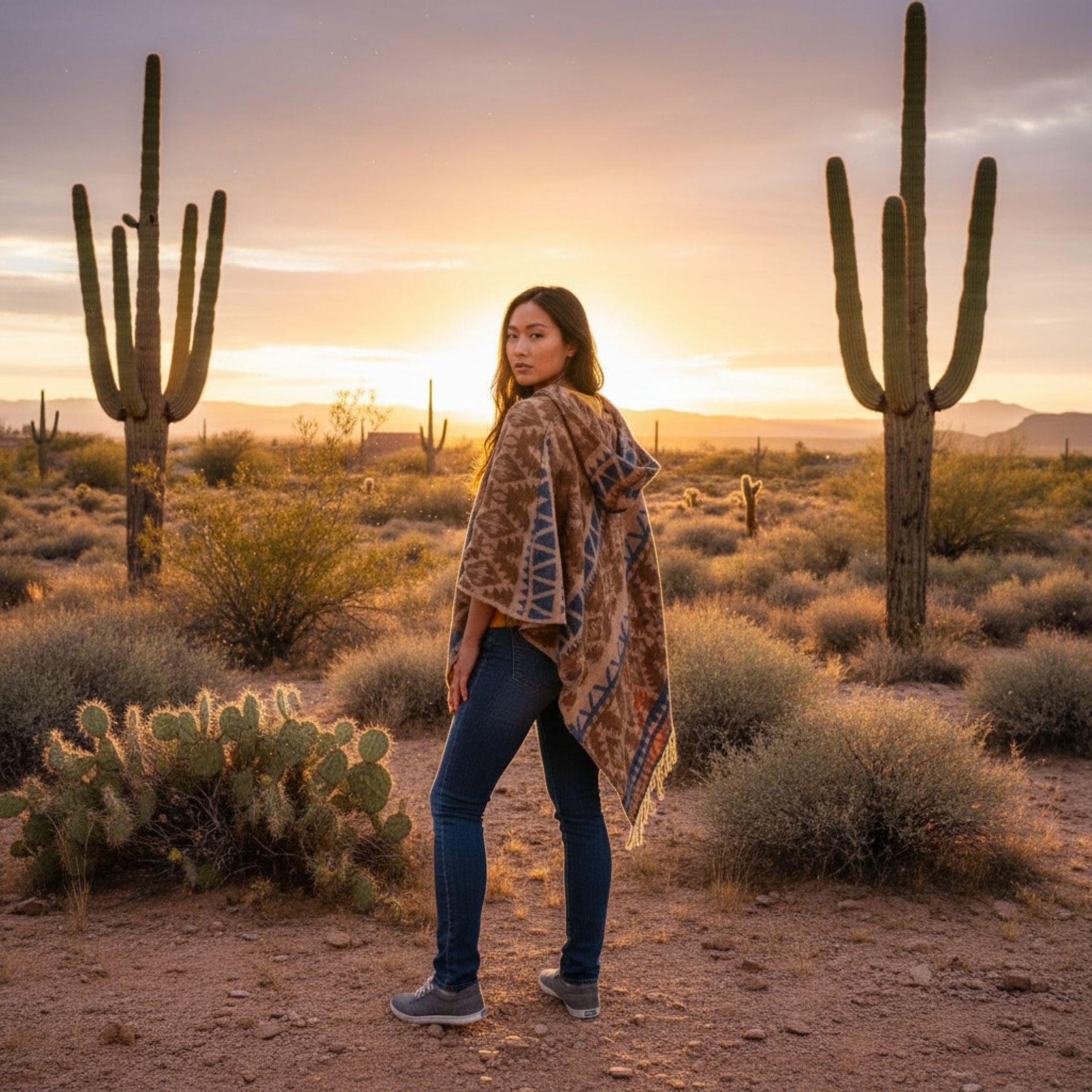 Nanda Hooded Poncho: Warm Wool Blend Boho Style Outerwear