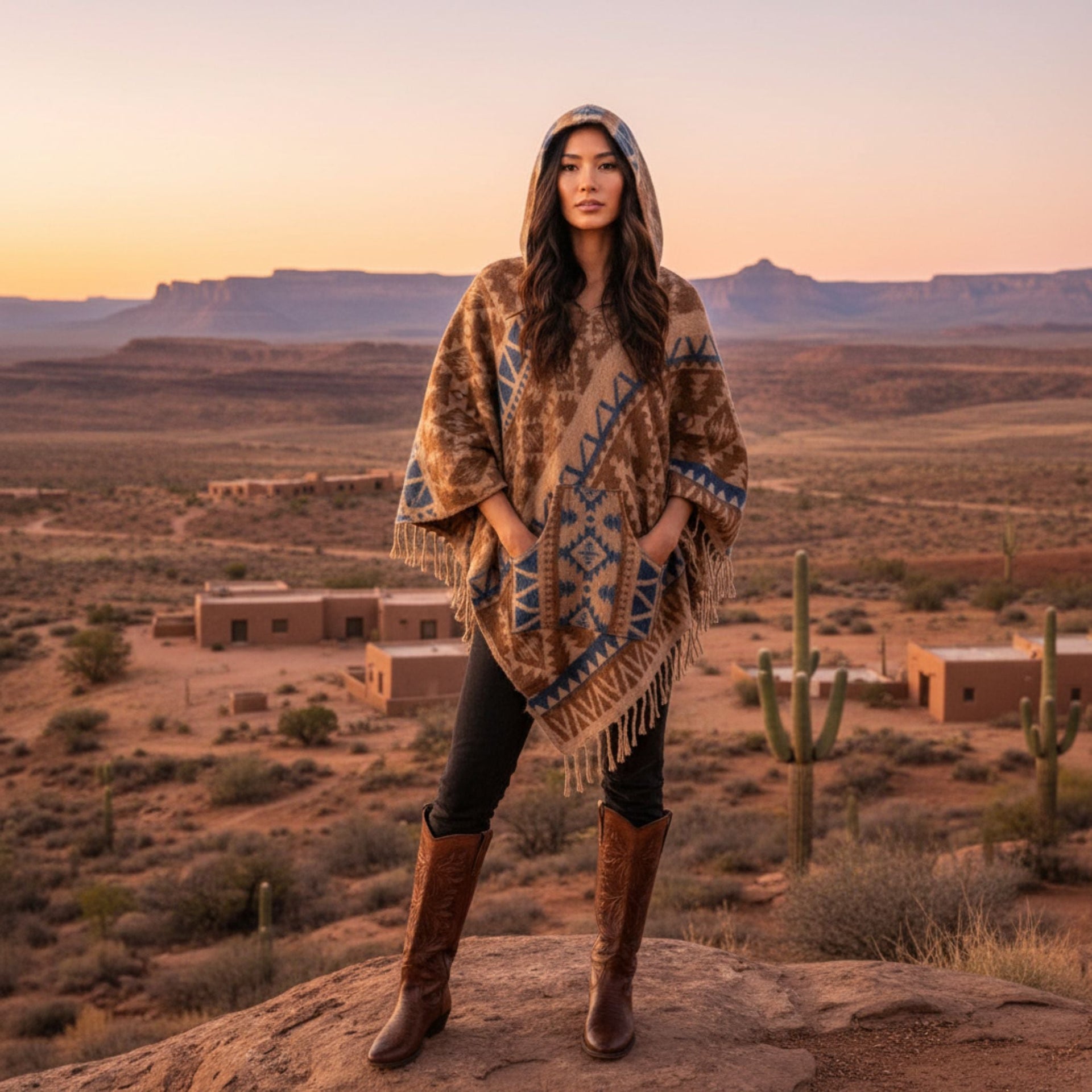 Nanda Hooded Poncho: Warm Wool Blend Boho Style Outerwear