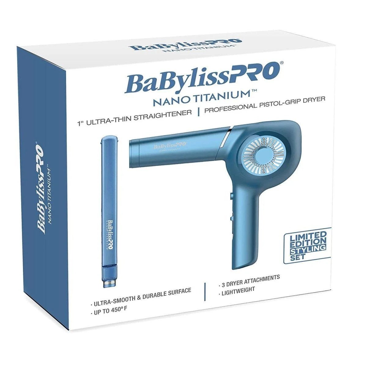 Professional Nano Titanium hair dryer and flat iron styling set in sleek design.