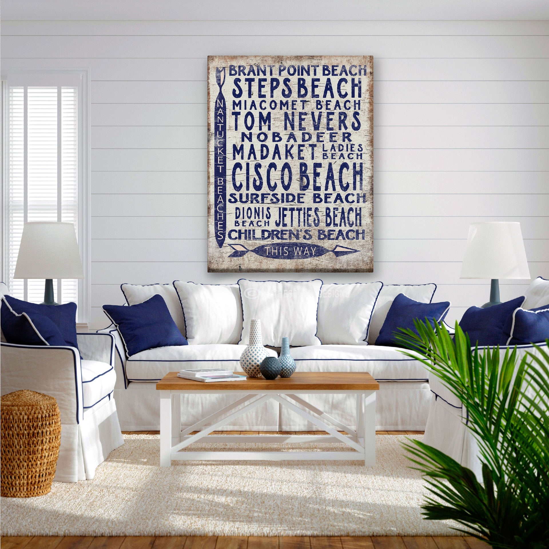 Vintage Nantucket Beaches Directional Coastal Wall Art Sign