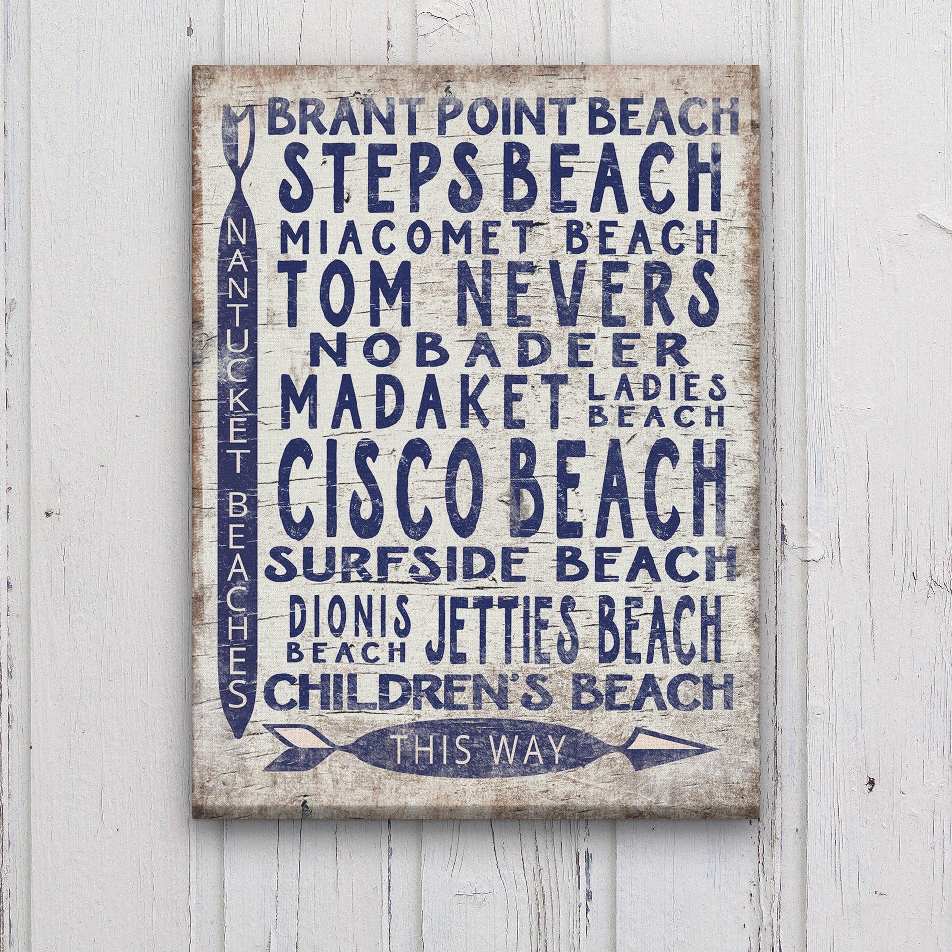 Vintage Nantucket Beaches Directional Coastal Wall Art Sign