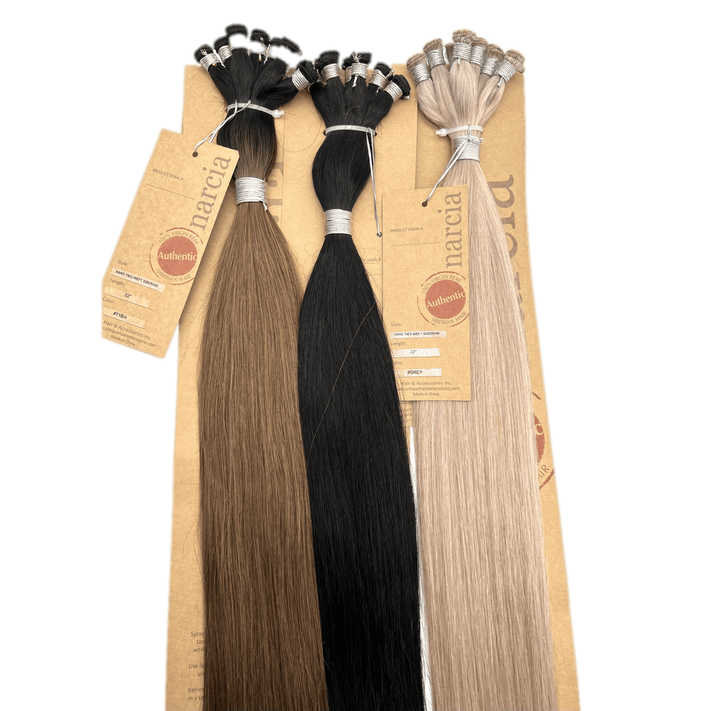 Model wearing 22-inch Narcia Siberian Remy hand-tied hair extensions in natural color variations.