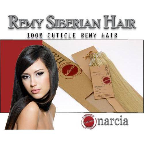 24-inch Narcia Remy Siberian micro ring hair extensions in blonde, showing silky texture and quality packaging.