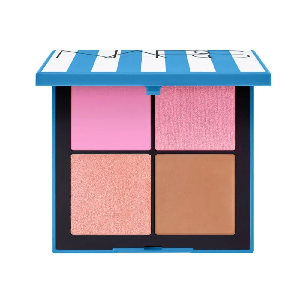 NARS Hot Escape Cheek Palette featuring four shades including blush, bronzer, and highlighter in a striped case.