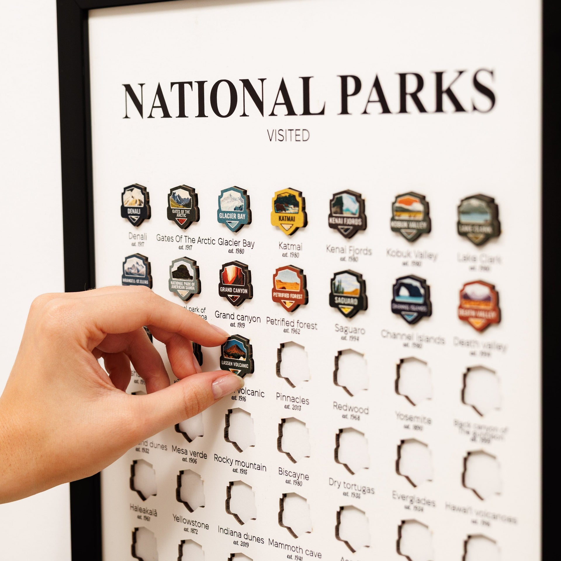 Minimalist wooden National Parks USA travel tracker map in a black frame with push pins.