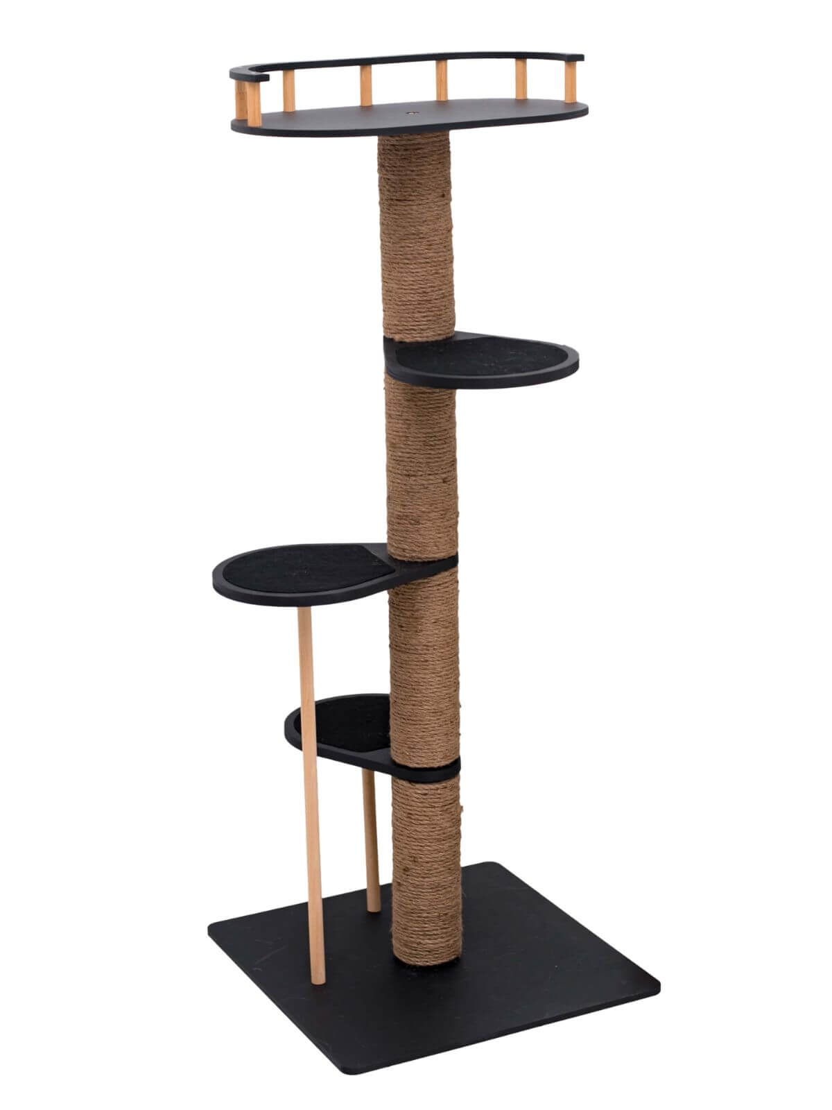 A modern minimalist wooden cat tree with a plush bed in a living room setting