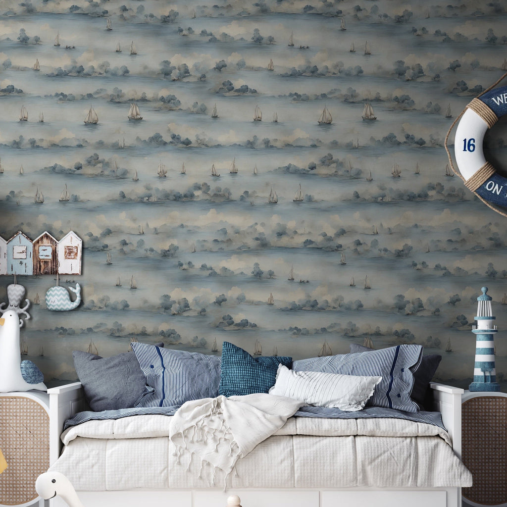Davey nautical wallpaper in blue and off-white, ideal for coastal home decor.