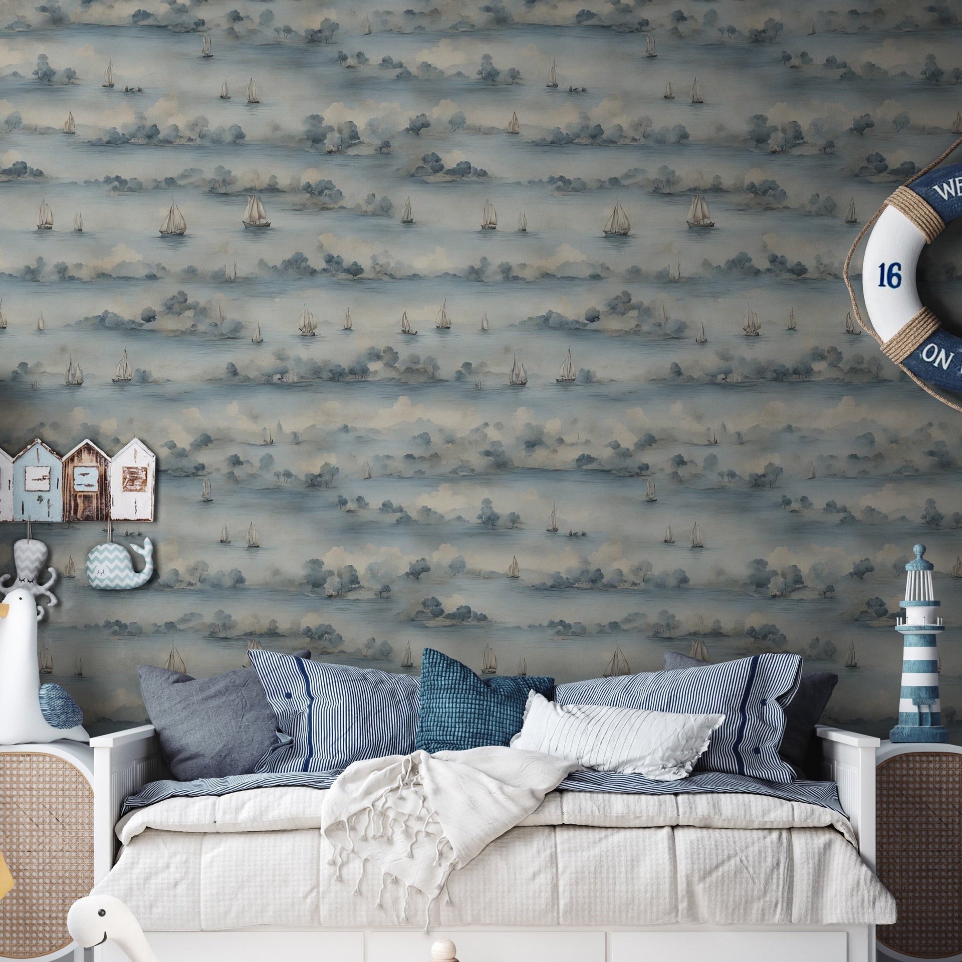 Davey nautical wallpaper in blue and off-white, ideal for coastal home decor.