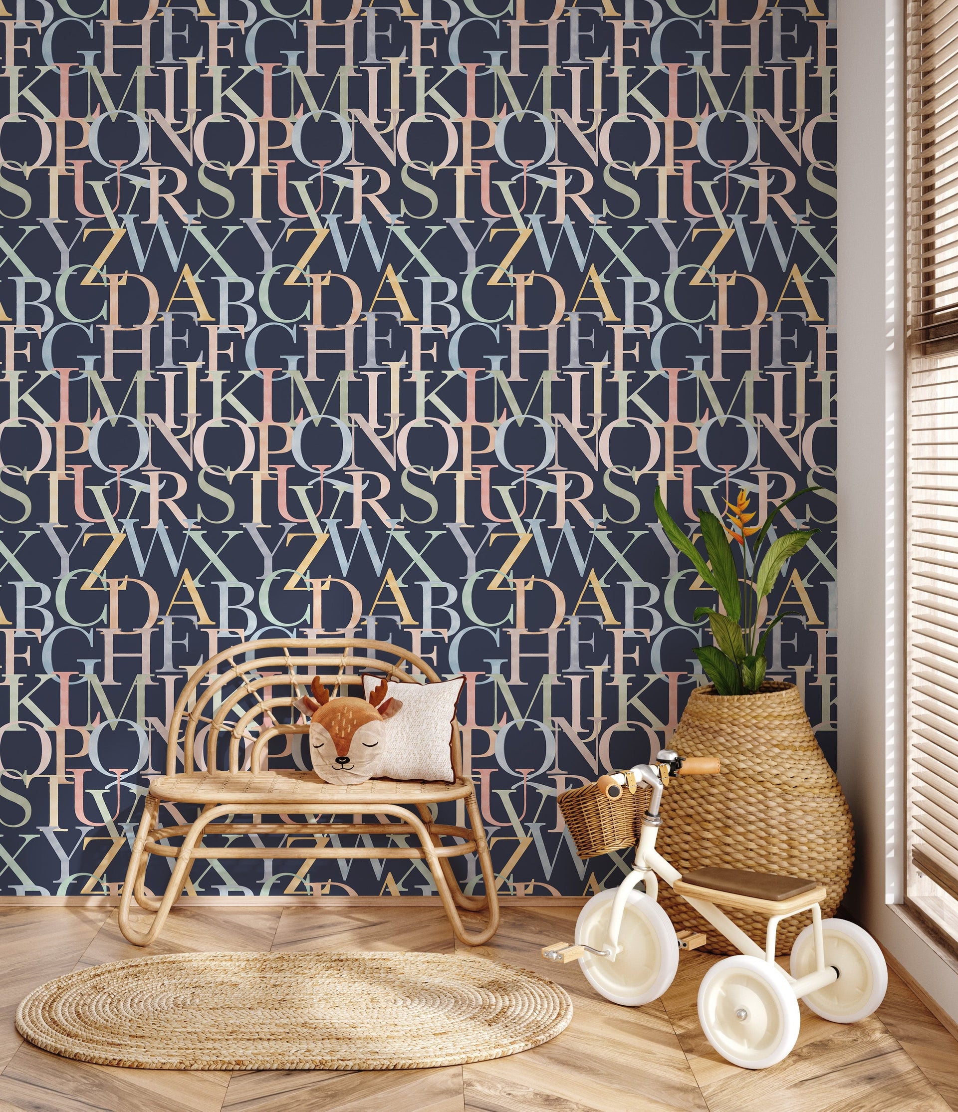 Coy Educational Nursery Wallpaper in White and Dark-Blue