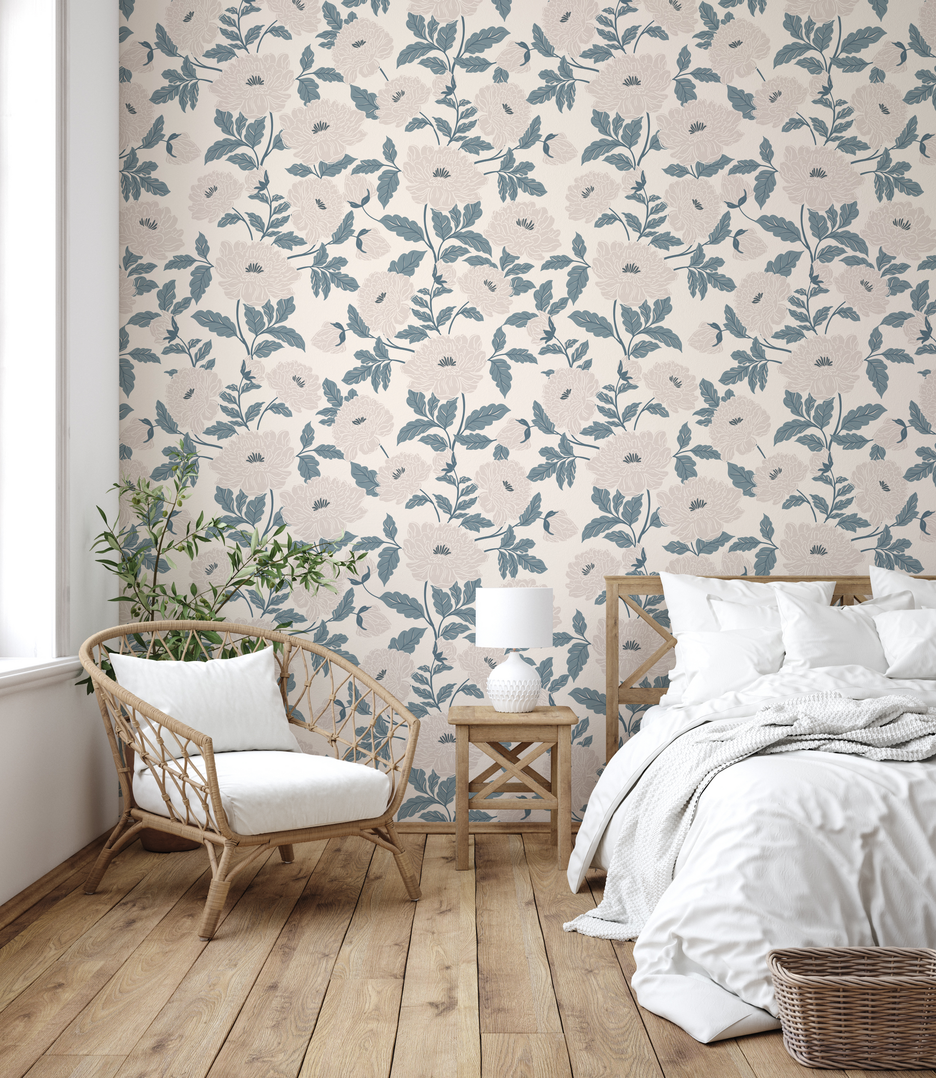 Riley Floral Removable Wallpaper in Cream and Muted Sage Green