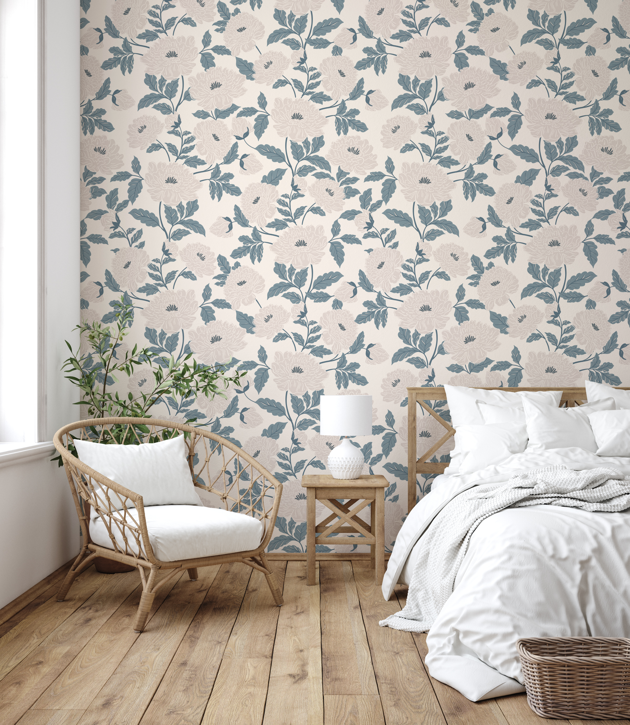 Riley Floral Removable Wallpaper in Cream and Muted Sage Green