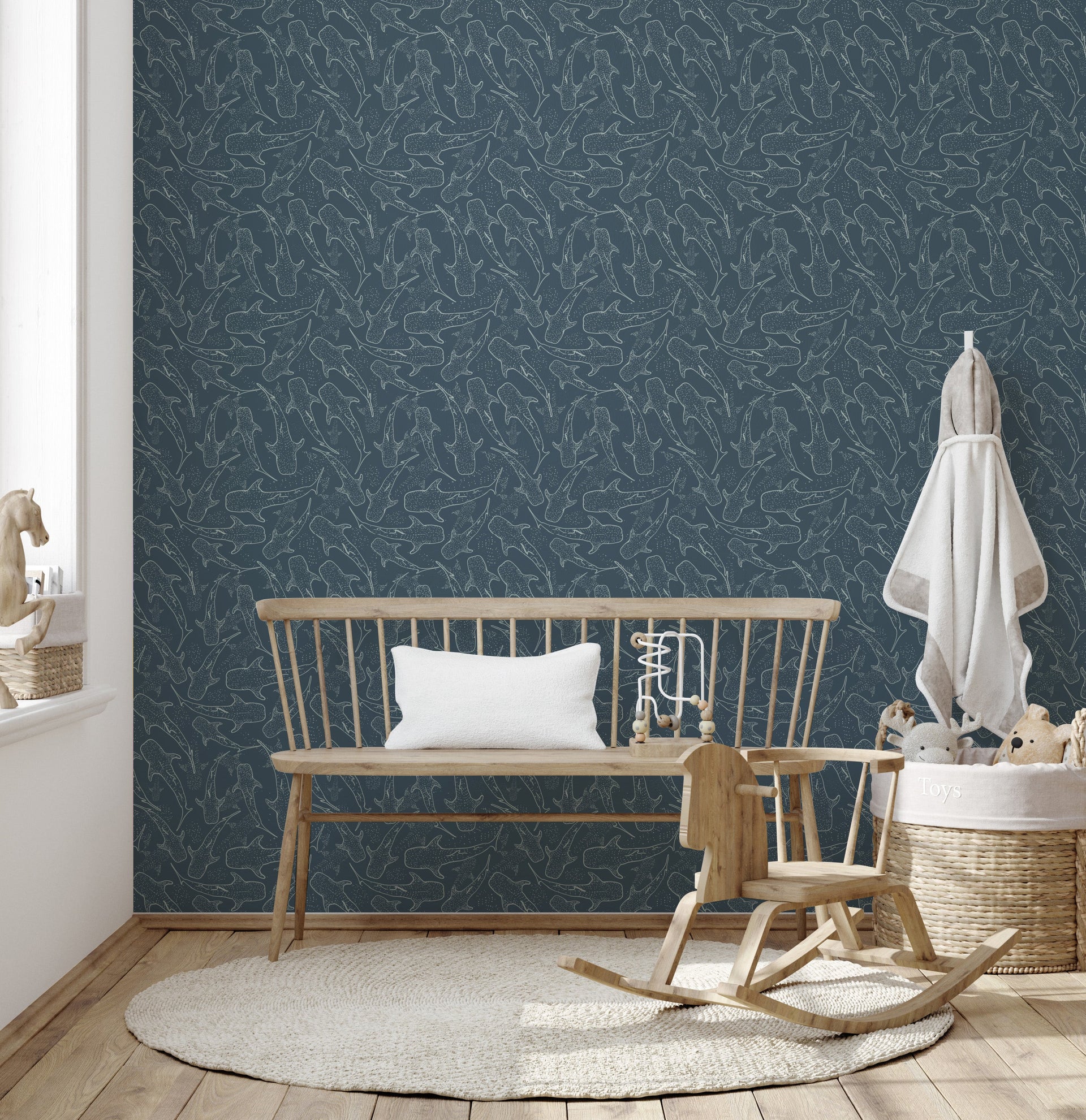 Blue Pink and White Whimsical Animal Print Wallpaper