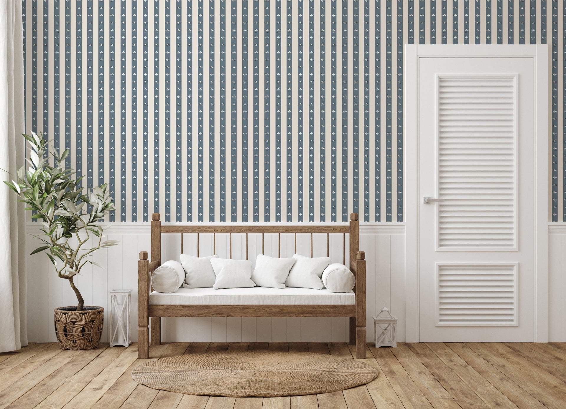 Boden Striped Wallpaper in Beige, Gold, Blue and White