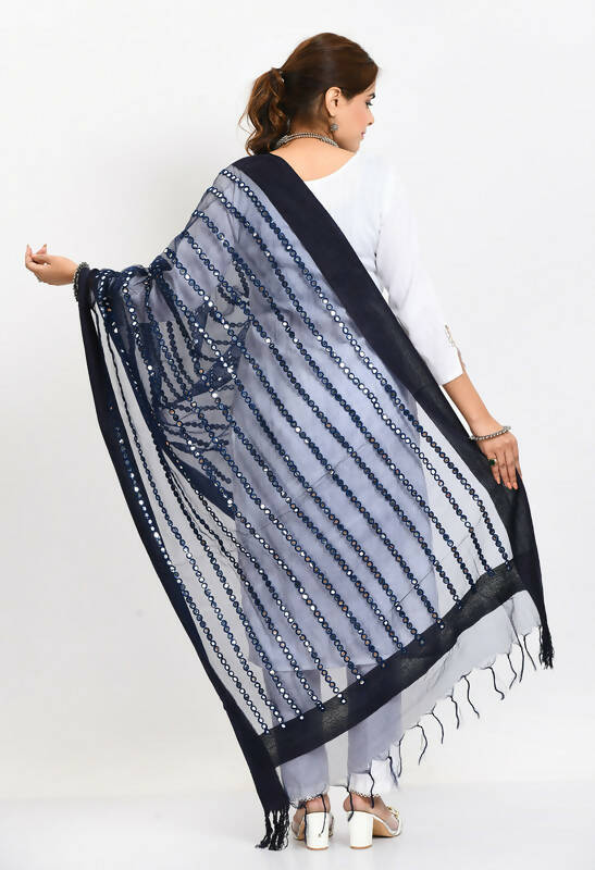 Women's Navy Blue Organza Mirror Stripe Thread Work Dupatta