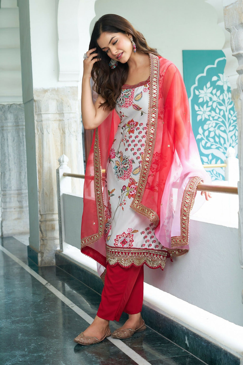 White Georgette Embroidered Kurta Set with Sequence Work