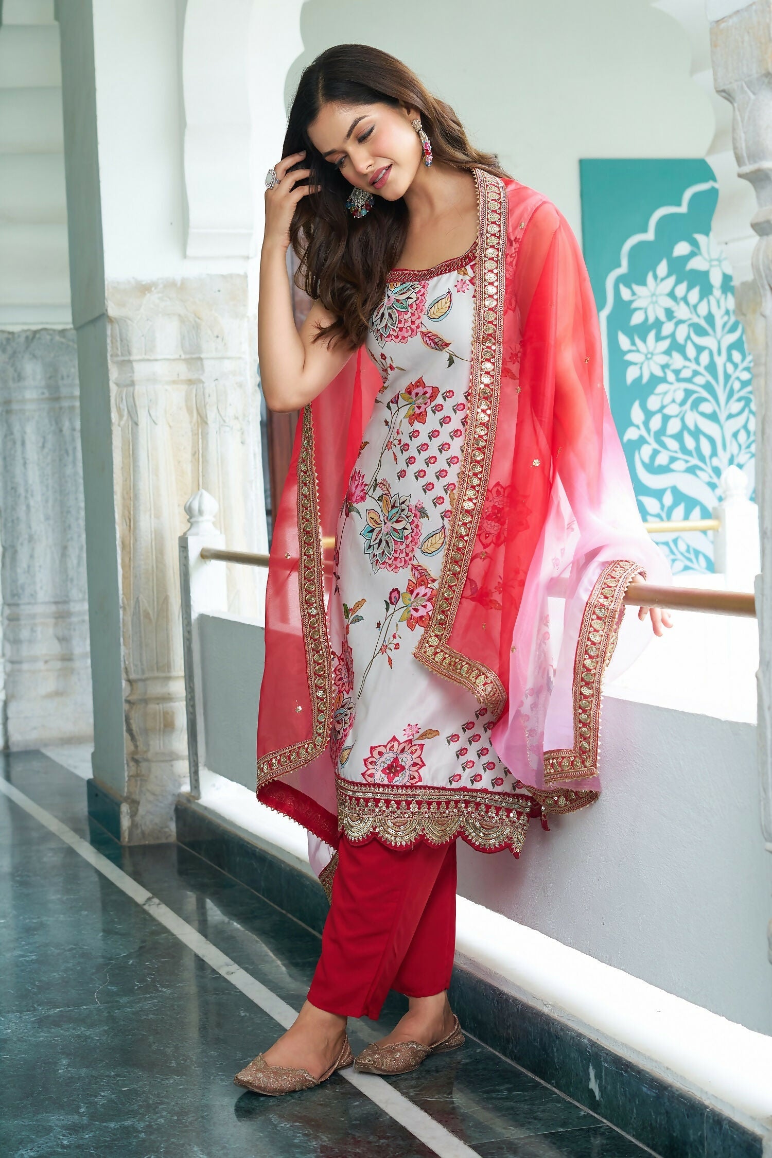 White Georgette Embroidered Kurta Set with Sequence Work