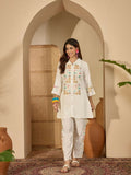 Off-White Roman Silk embroidered kurta set with shirt collar and matching pants