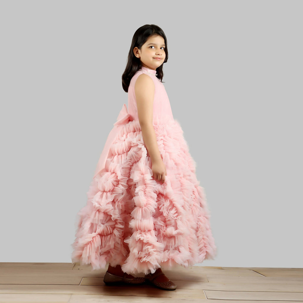 Old Rose Girls Gown with Pleated Chest and Frill Ghera