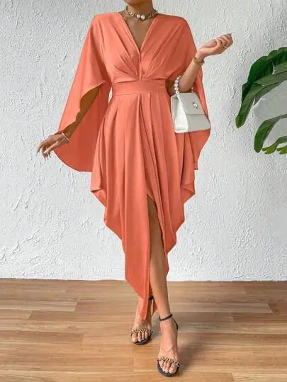 Women's Pleated Wave Dress with Cape Sleeves and High Slit - Image 16