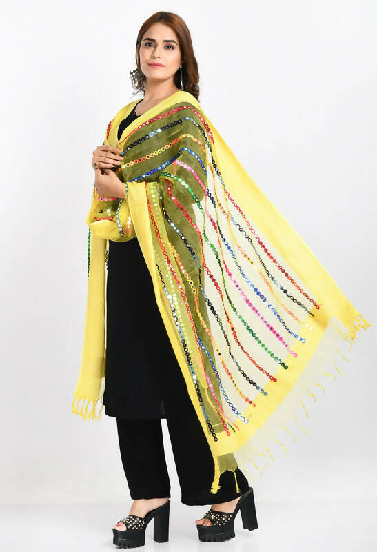 Women's Lemon Yellow Organza Multi Thread Mirror Work Dupatta