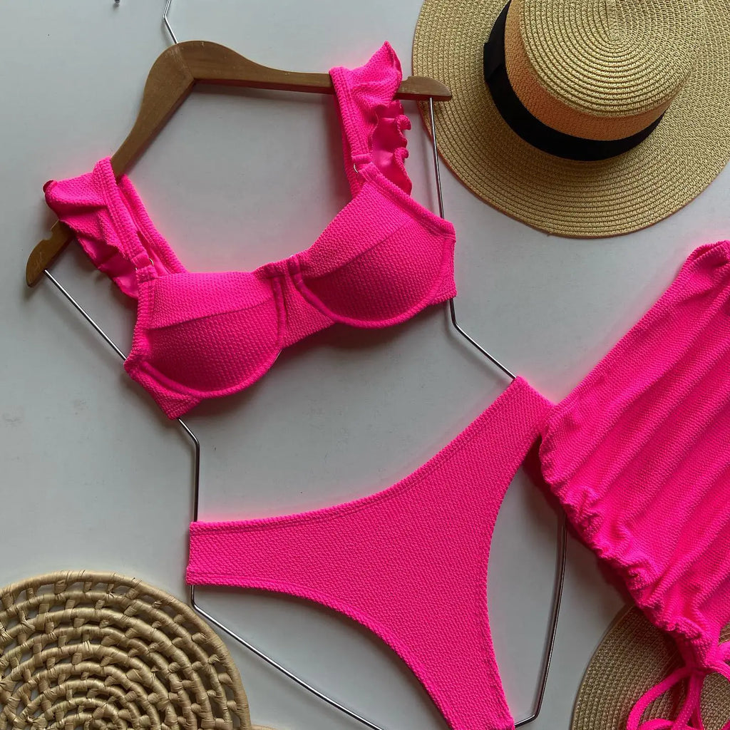 Women's Hot Pink Ribbed Three-Piece Bikini Set with Cover-Up