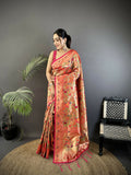Peach Soft Silk Paithani saree with intricate floral and leaf motifs