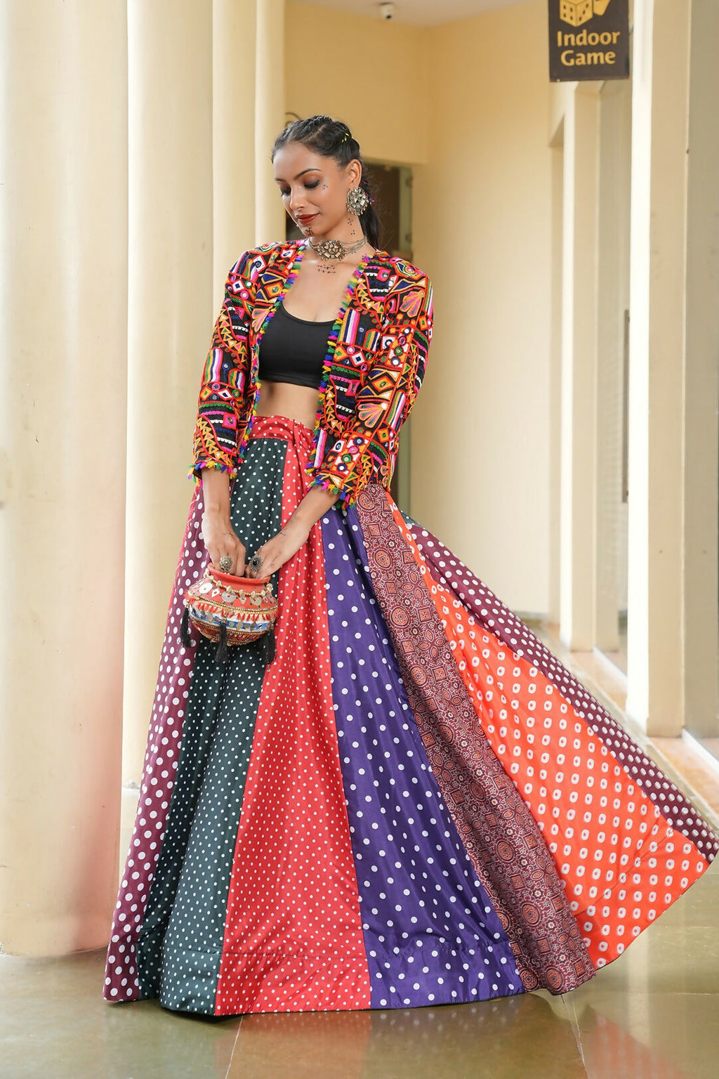 Multi Silk Crepe Lehenga Choli Set for Navratri Bohemian Fusion