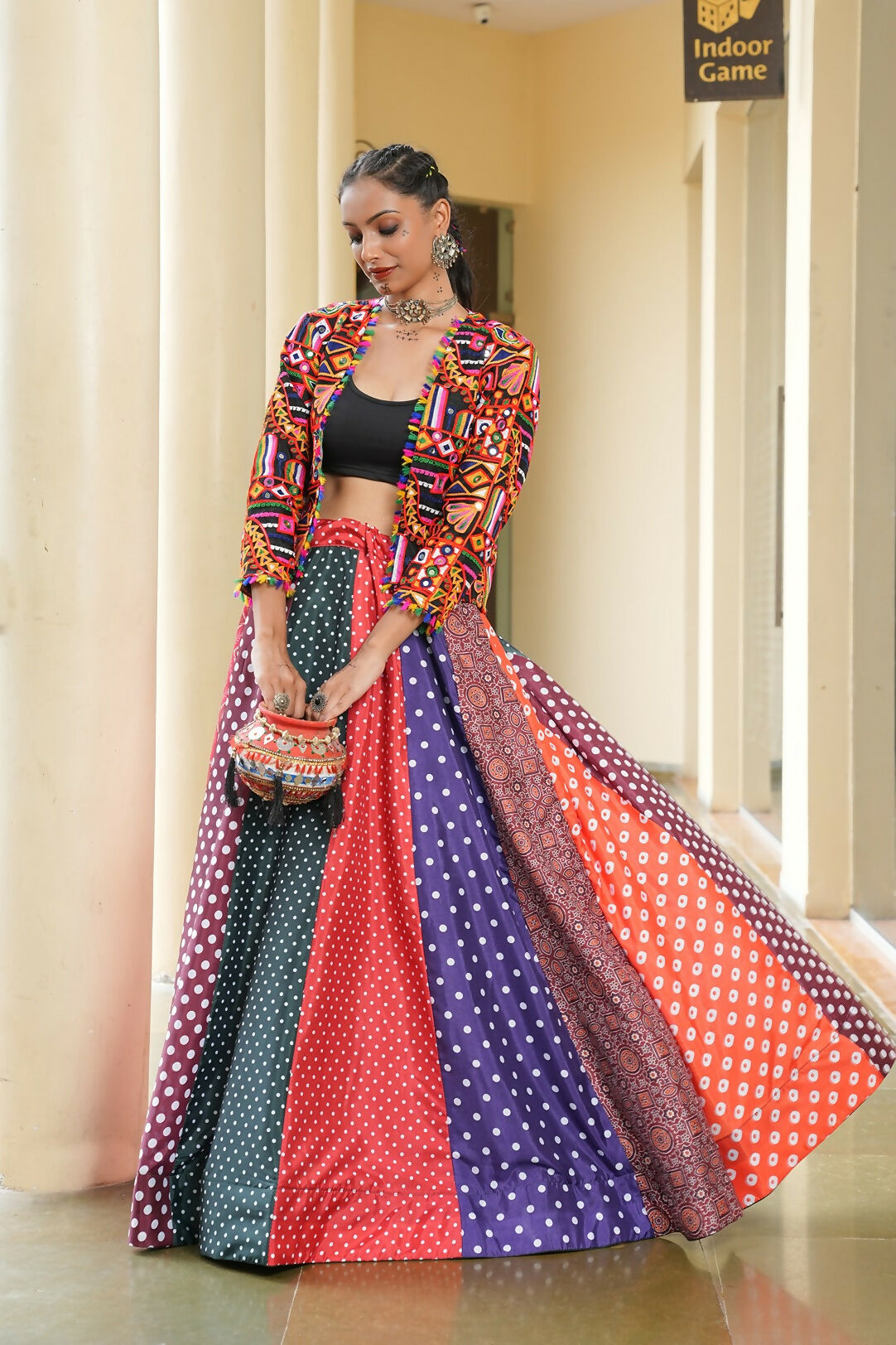 Multi Silk Crepe Lehenga Choli Set for Navratri Bohemian Fusion