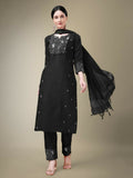 Black straight kurta with embroidery and fancy lace, paired with trousers and matching dupatta.