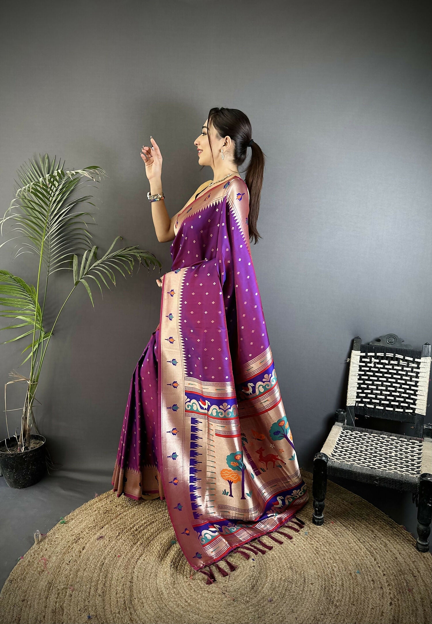 Joban Fashion Magenta Peacock & Floral Motifs Soft Lichi Silk Kanchipuram Saree