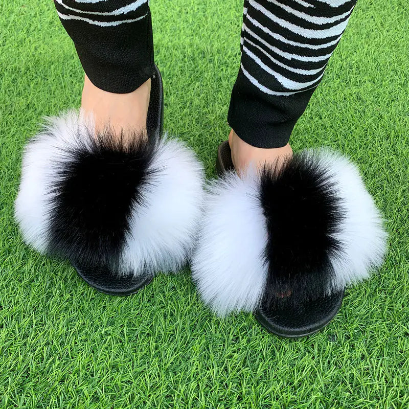 Women's Multicolored Faux Fur Flat Slippers Cozy Open Toe Slides