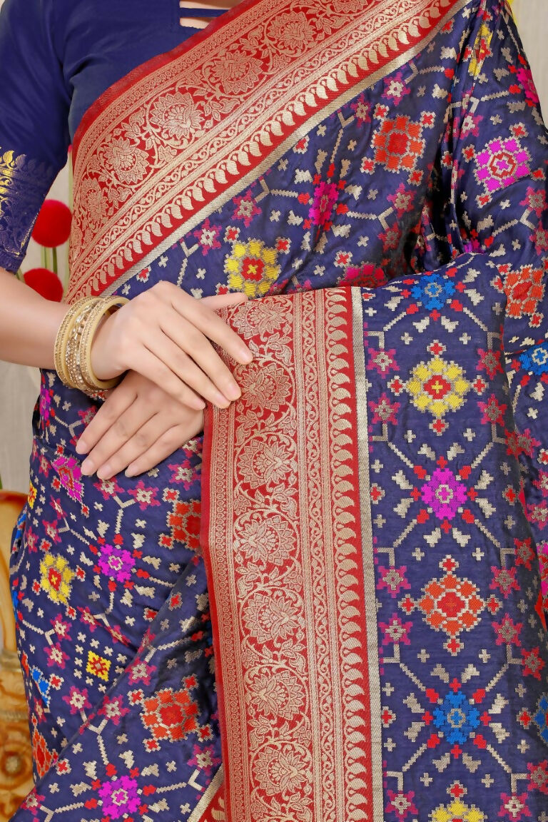 Navy Blue Patola Silk Zari Woven Saree with Matching Blouse