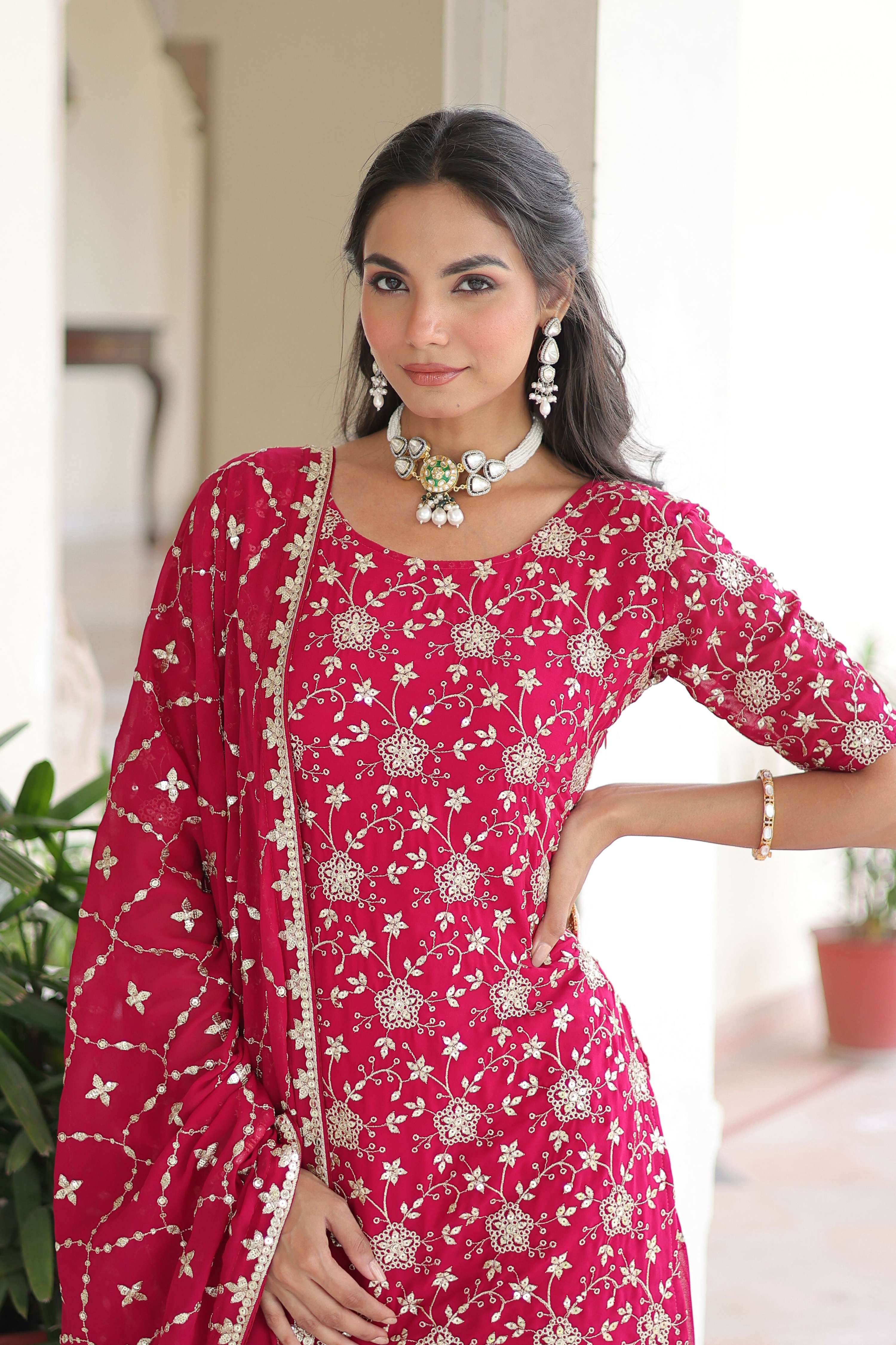 Pink Sequined Georgette Kurta Set with Ready-to-Wear Design