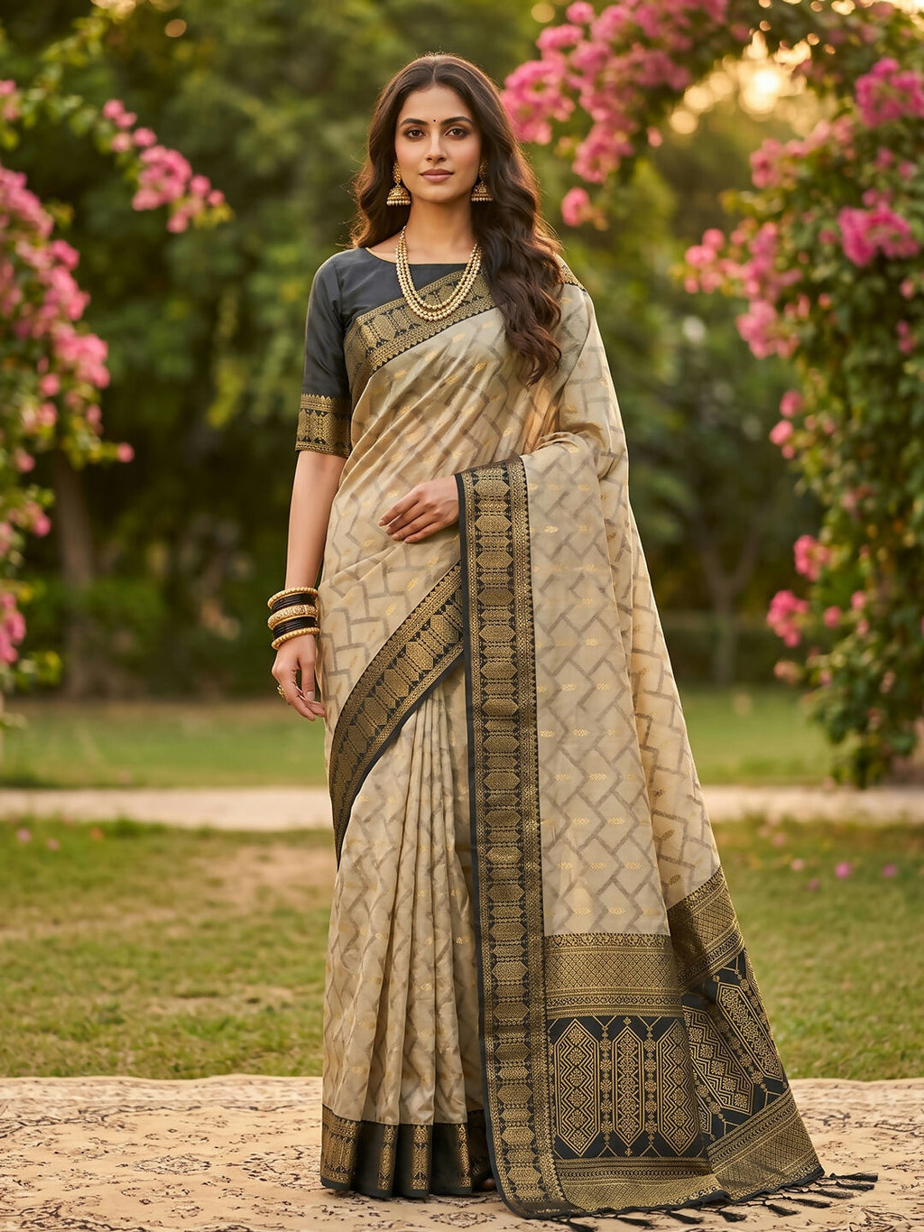 Chiku and Black cotton saree with matching blouse piece draped elegantly
