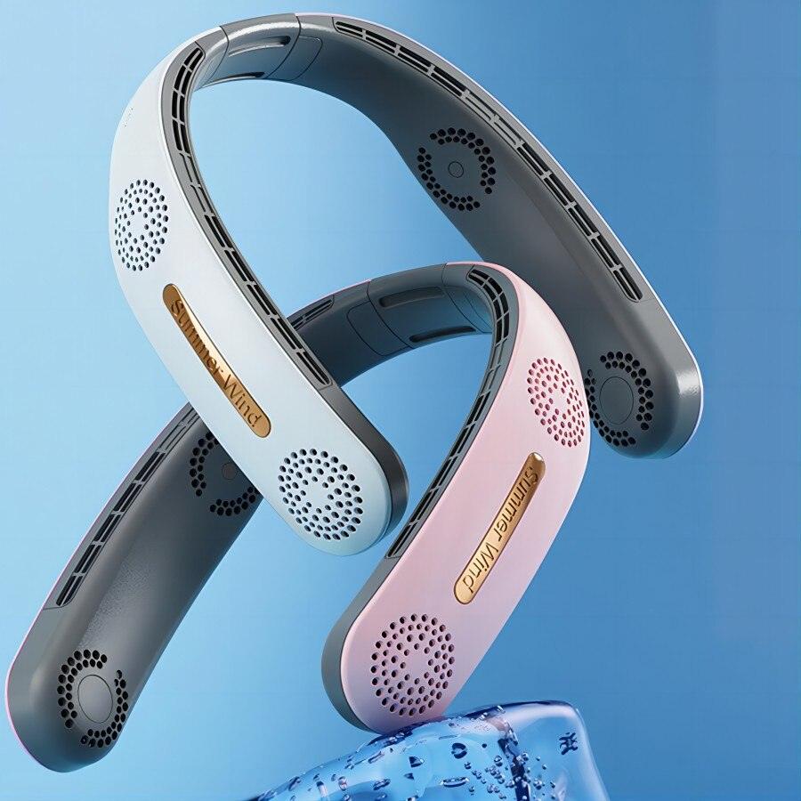 A sleek modern 4-turbo bladeless neck fan in grey, white, and pink options.