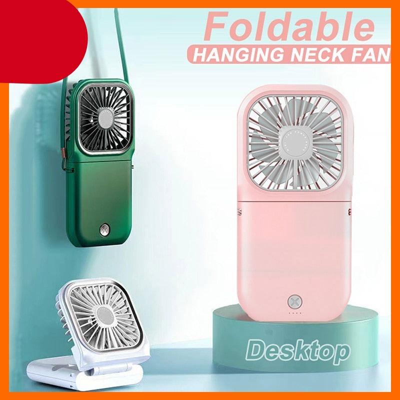 Foldable portable neck and desk fan in modern minimalist style, available in pink, green, and white.